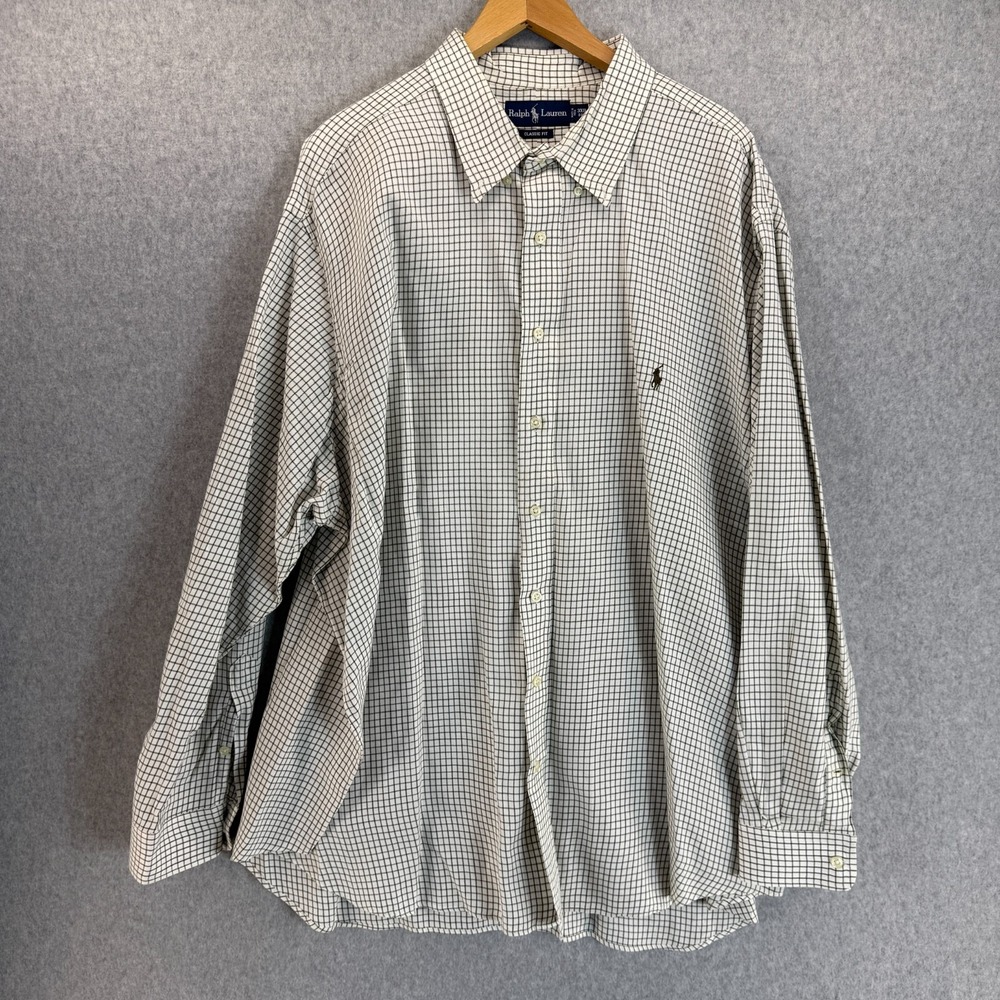 Ralph Lauren Mens Size 3XB Button Front Shirt Collar Pony Logo Plaid White Green